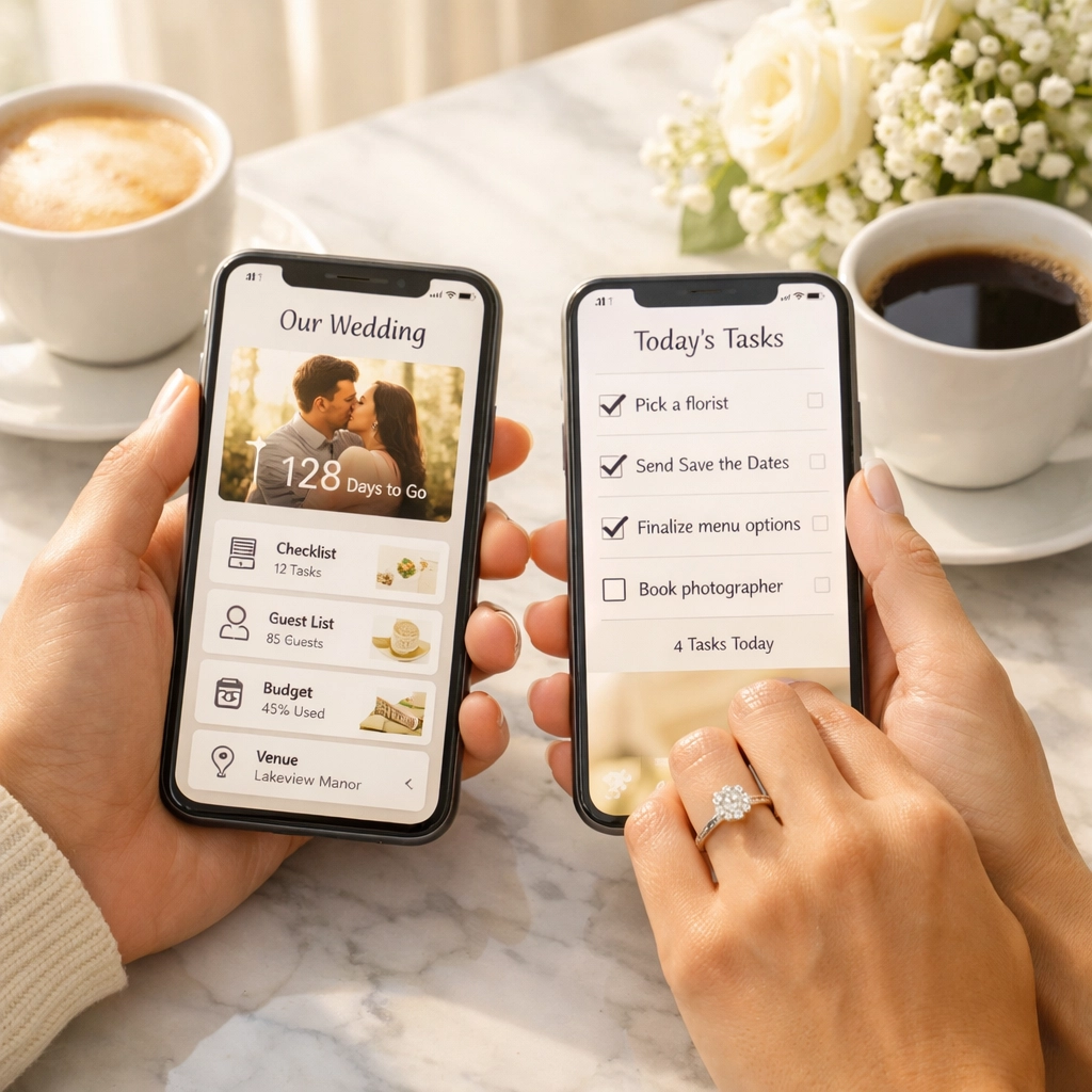 Engaged couple using digital wedding planning app on smartphone with engagement ring visible