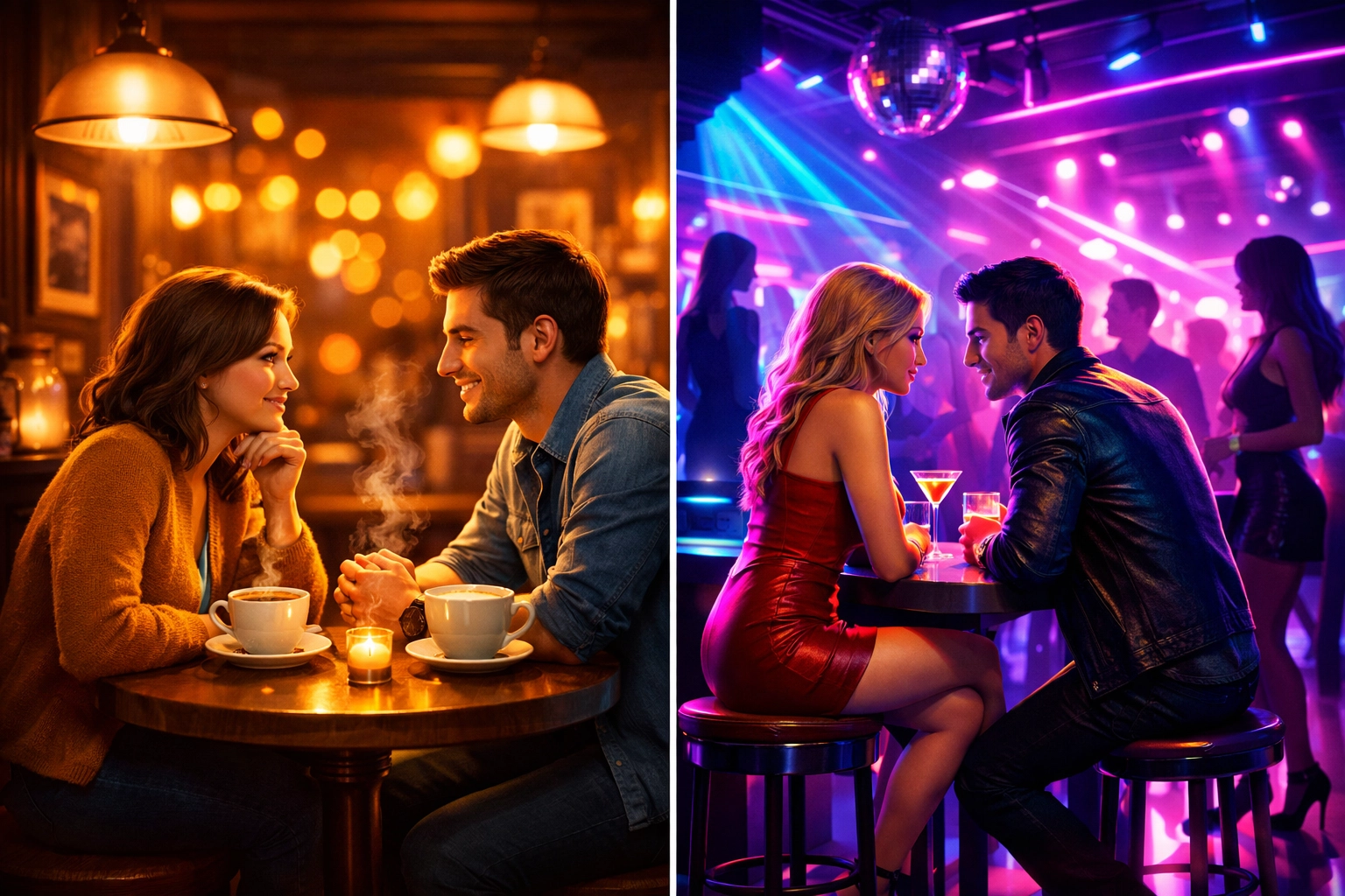Split scene comparing slow dating coffee conversation with fast-paced nightlife dating culture