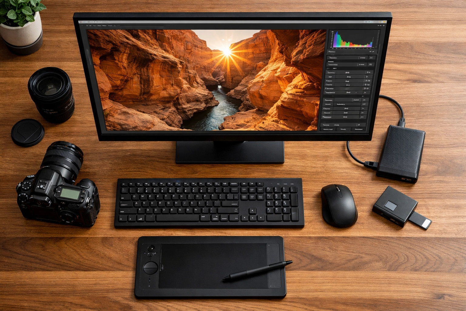 Professional photography workstation with editing monitor and hard drives for efficient data storage.