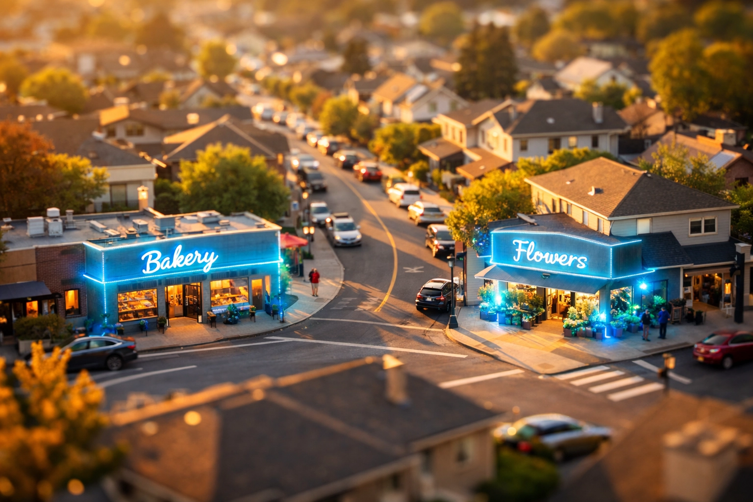 Aerial view of a local neighborhood highlighting businesses for precision PPC targeting in 2026.