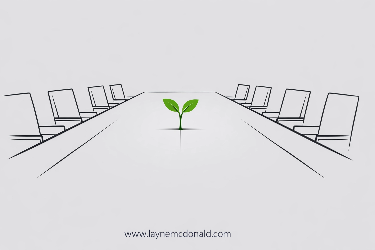 A green sprout growing on a boardroom table, representing faith-based leadership and grace in the professional workplace.