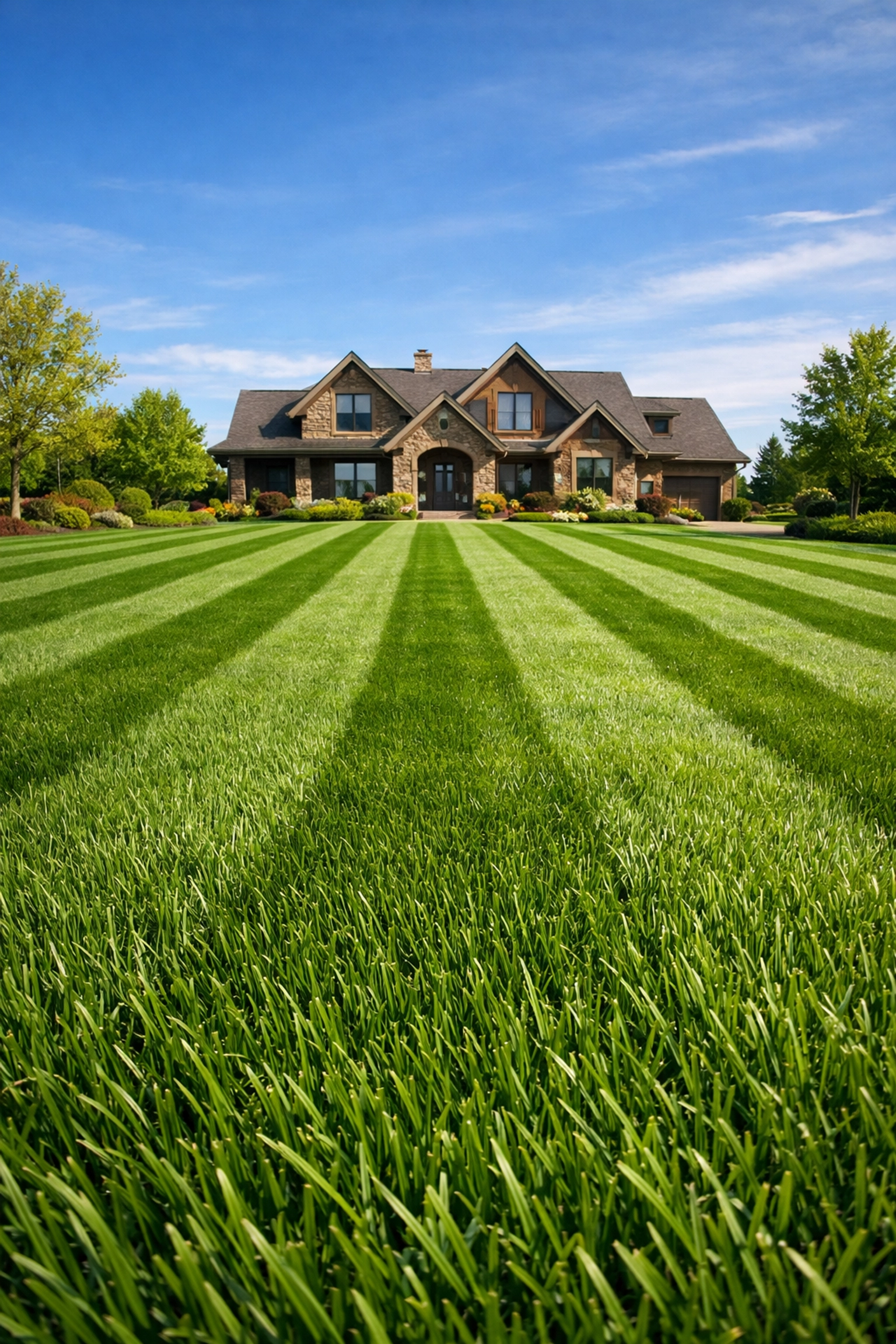 Manicured emerald-green lawn with professional mowing stripes and expert turf care in Clarkston.