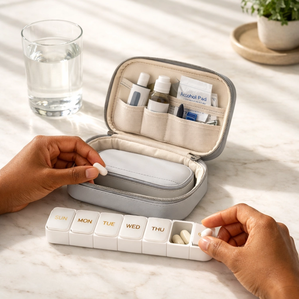 A patient organizing their medical weight loss kit on a clean counter to maintain treatment consistency.