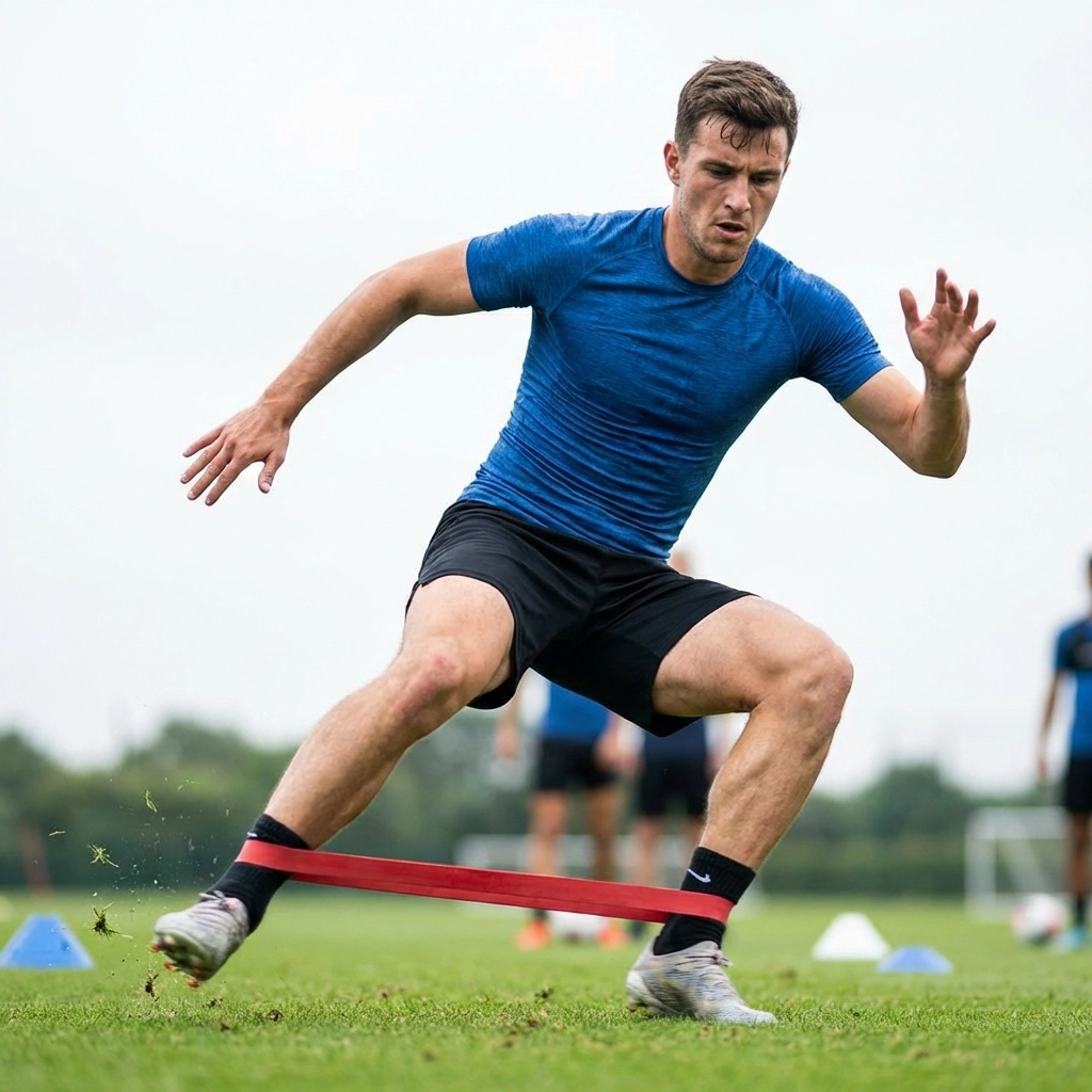 Male athlete doing lateral side shuffle drill with resistance band on a grassy sports field for agility