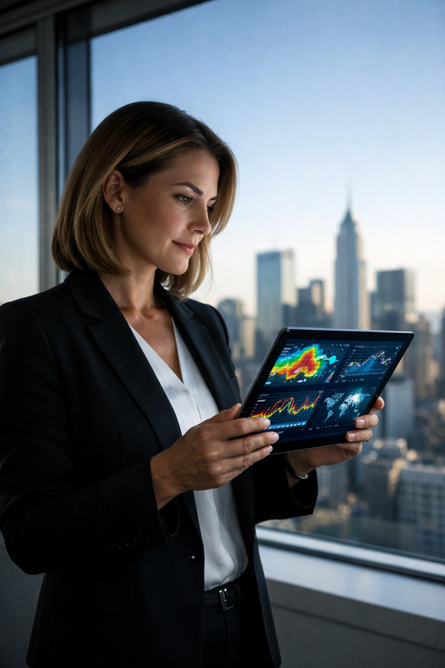 Female executive reviewing talent heat maps on a tablet for proactive workforce strategy planning.
