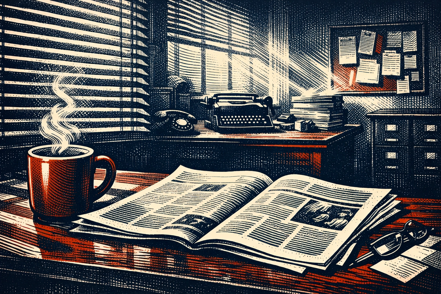 Peaceful morning news desk with coffee and newspaper representing calm news consumption