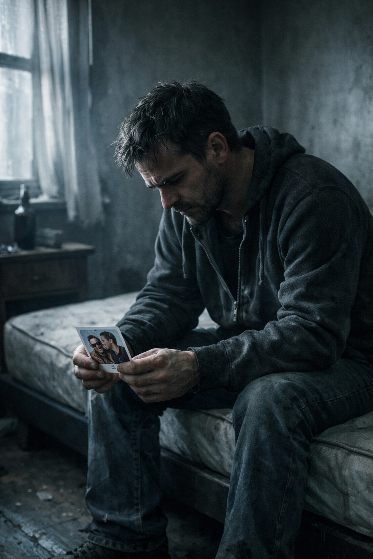 A man in a sparse room reflecting on a lost relationship, capturing the gritty reality of addiction in gay fiction.