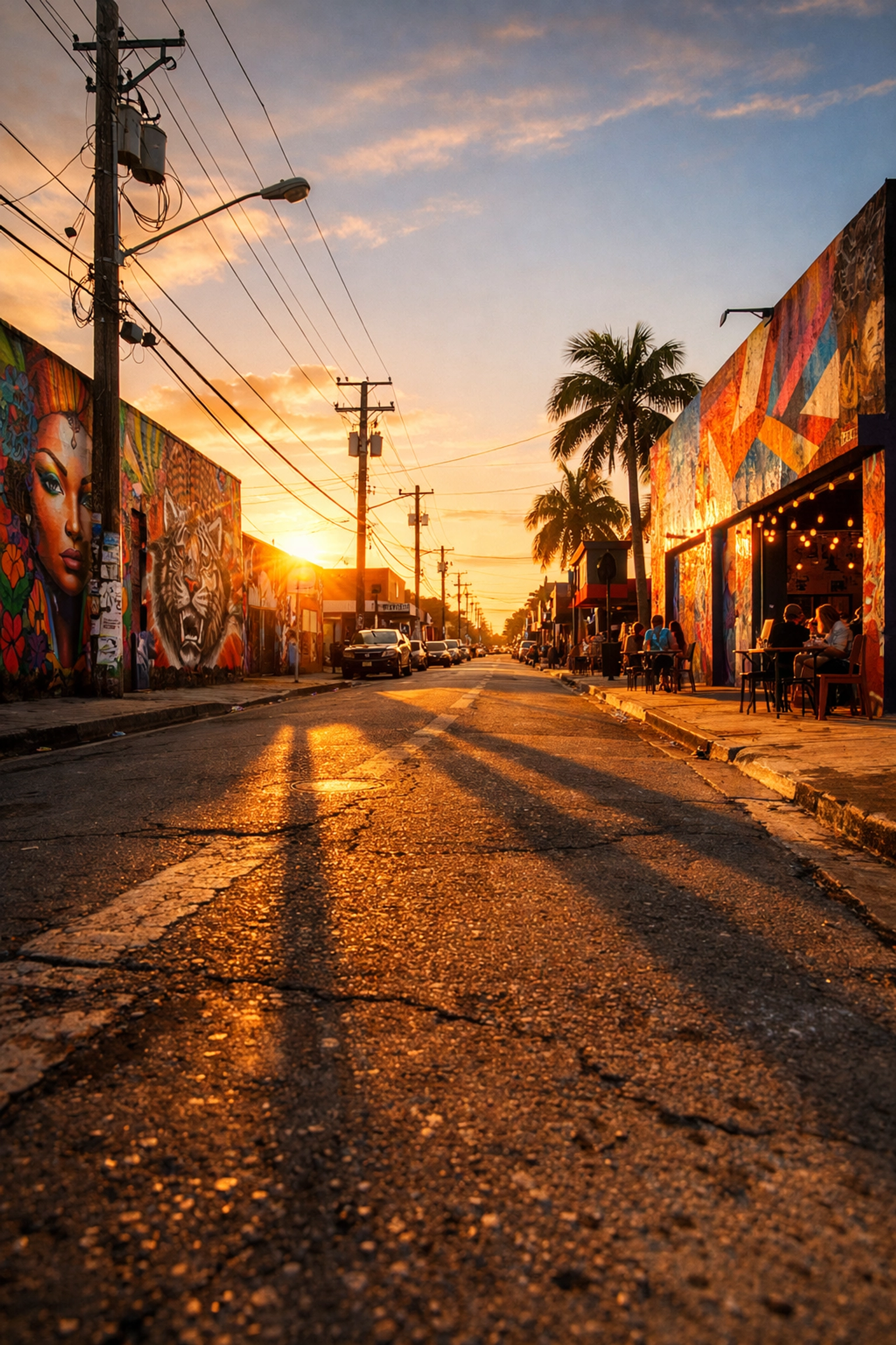 Brand photography in Wynwood Miami featuring colorful street art murals during the golden hour sunset.