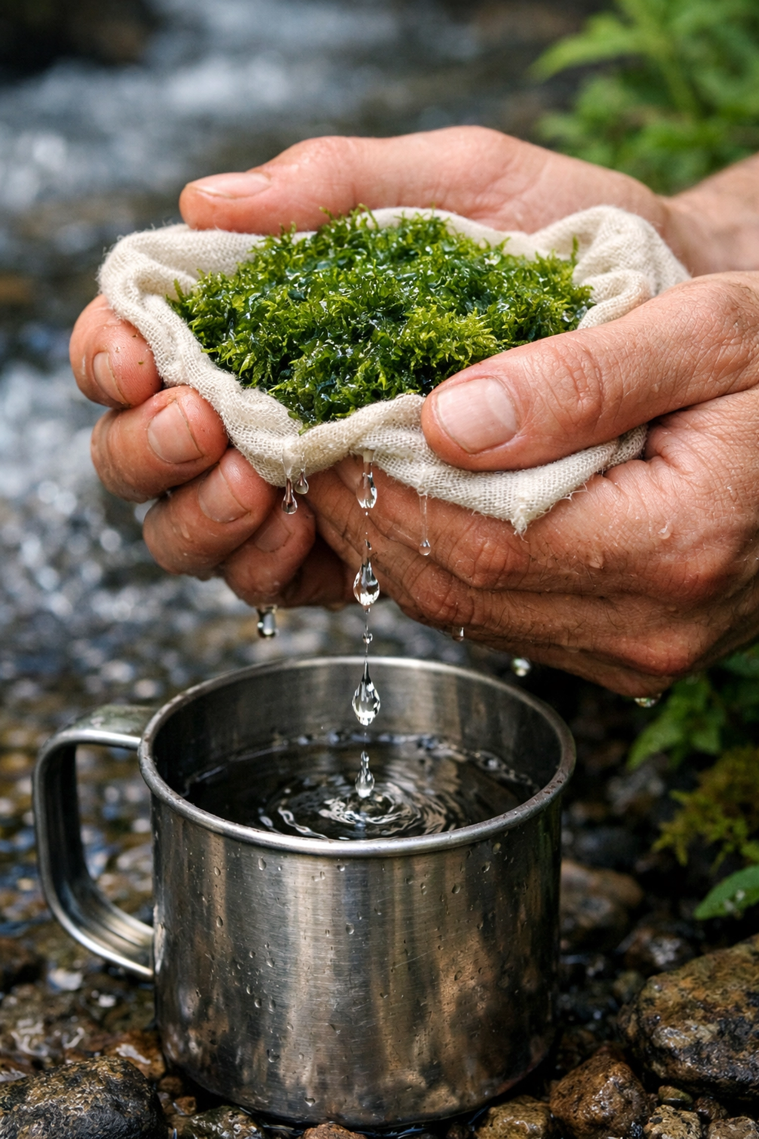 Filtering water through moss into a camping mug during a wild camping survival trip in the UK.