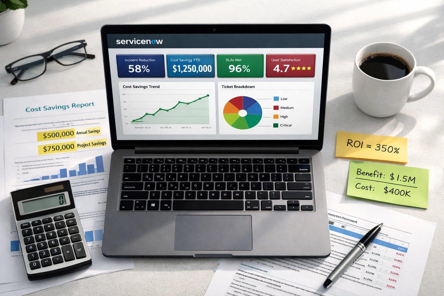 ServiceNow ROI analysis workspace with dashboard metrics and license audit calculations