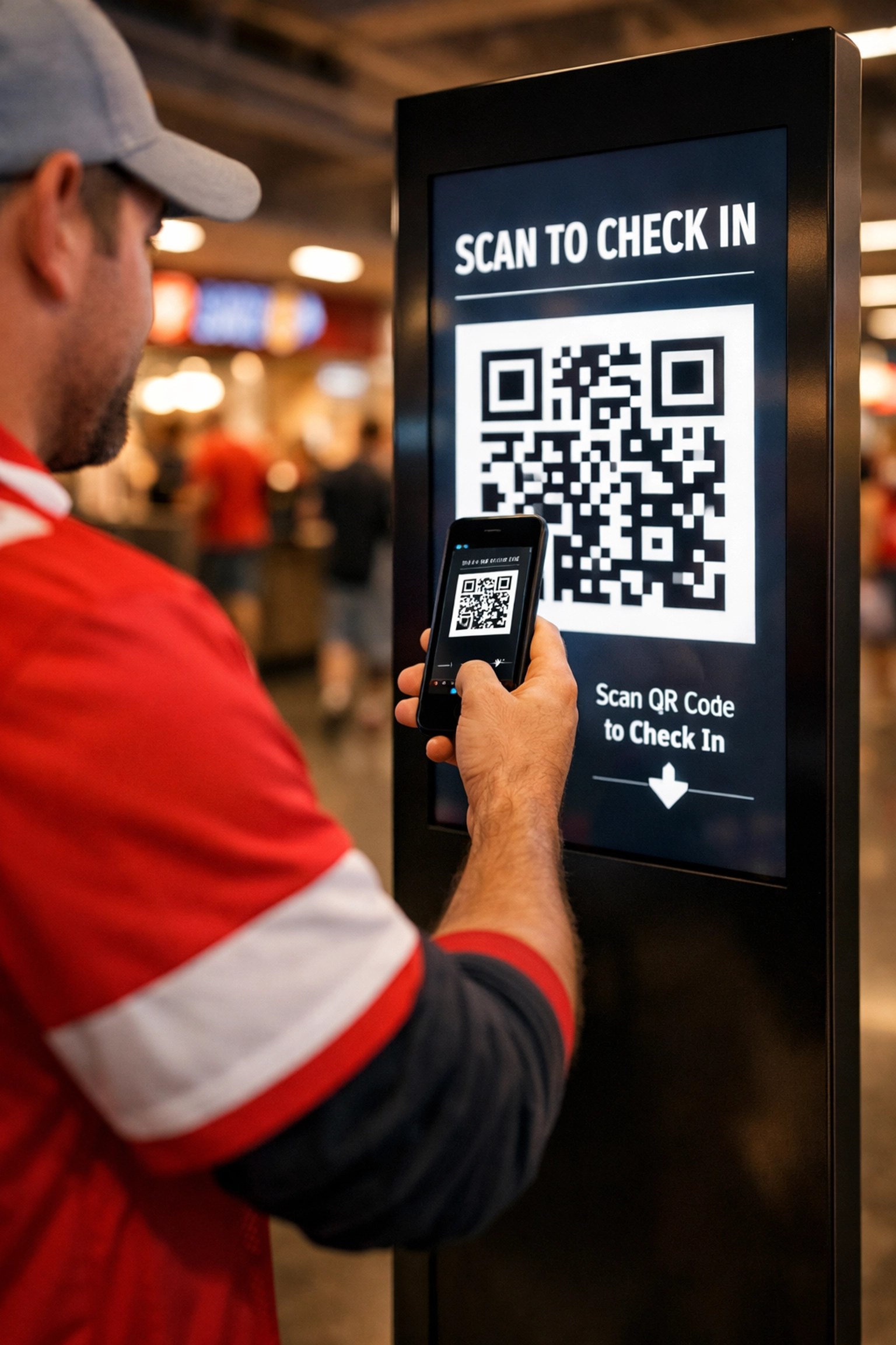 Sports fan scanning a QR code on an interactive digital kiosk in a stadium.