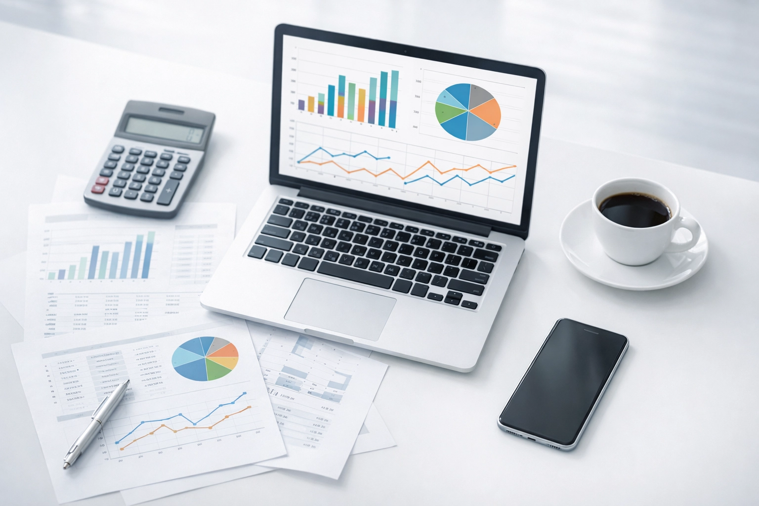 Business owner reviewing financial charts and bookkeeping data on laptop for small business growth