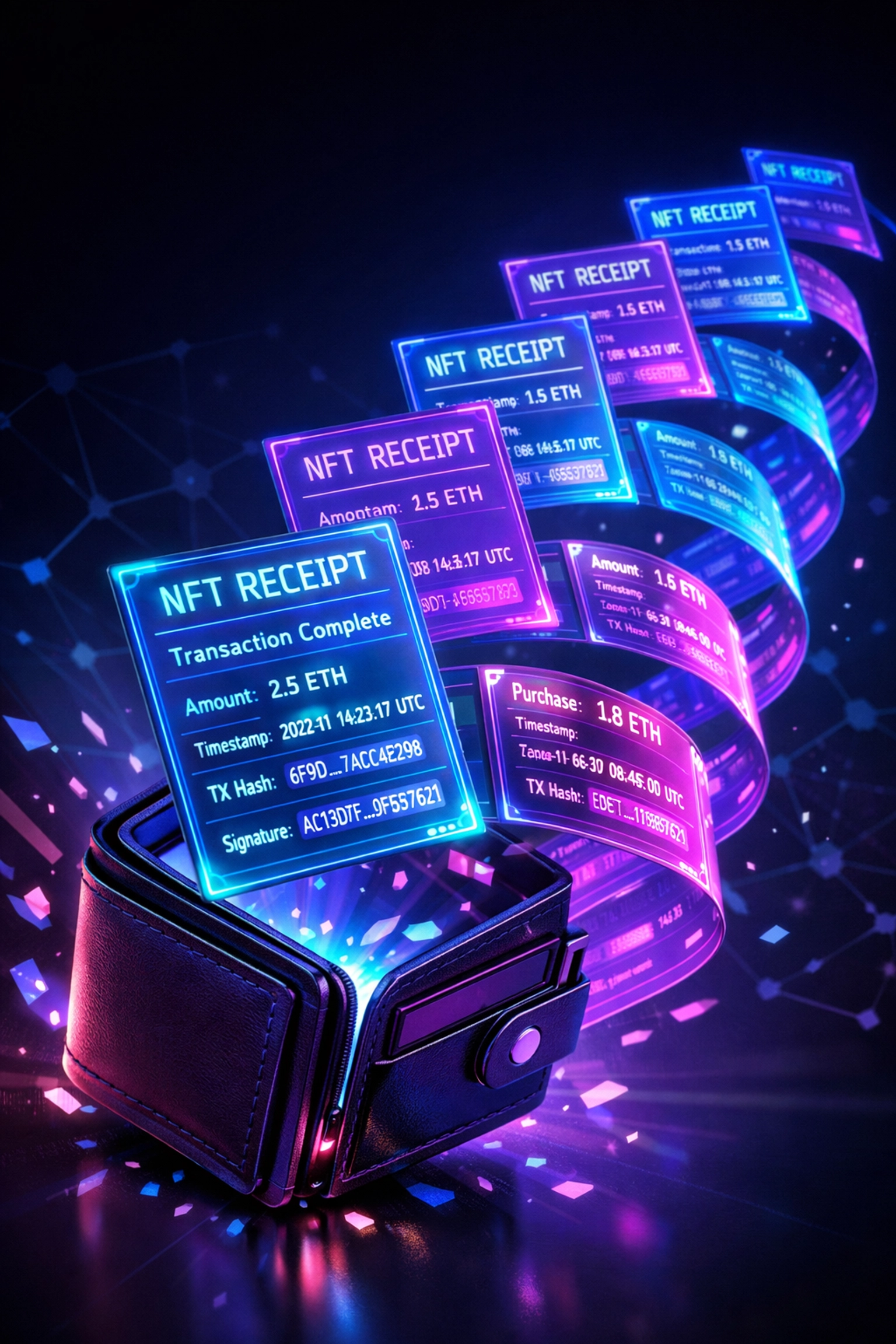NFT receipts emerging from crypto wallet showing blockchain transaction accounting