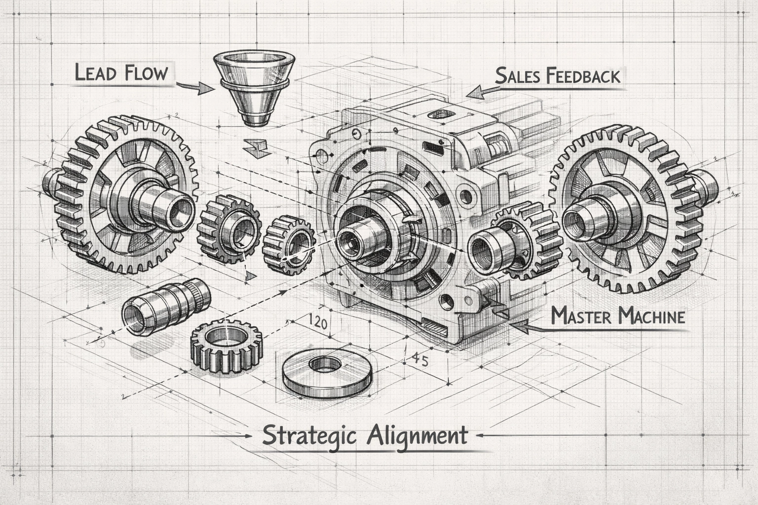 Technical diagram of gears representing the integration of pipeline automation and sales feedback loops.