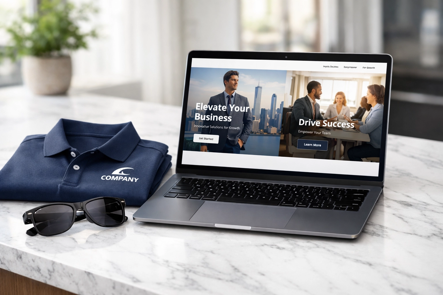 A professional website display alongside custom branded apparel representing a cohesive DFW business identity.