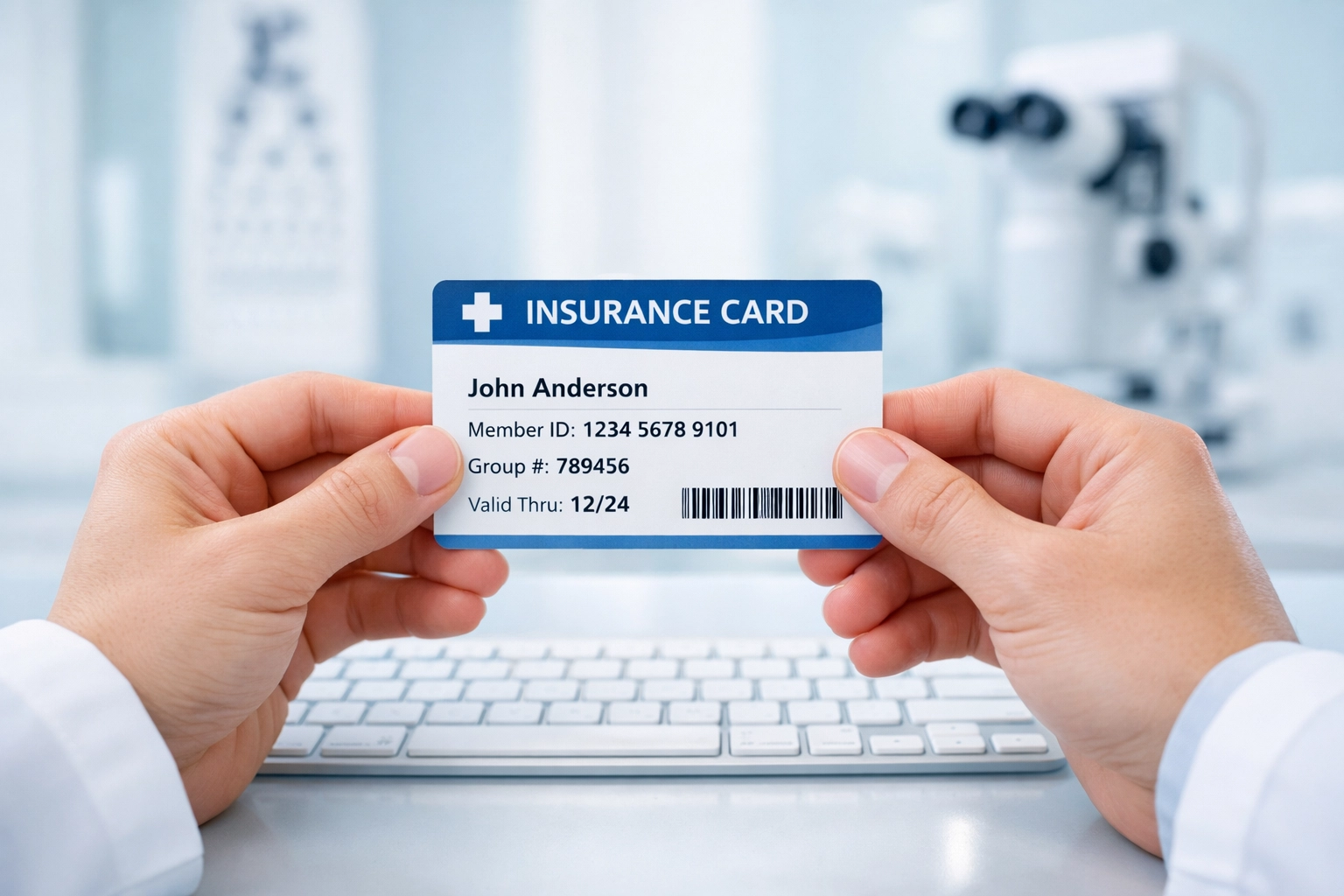 Optometry front desk staff holding an insurance card to verify patient eligibility and coverage details.