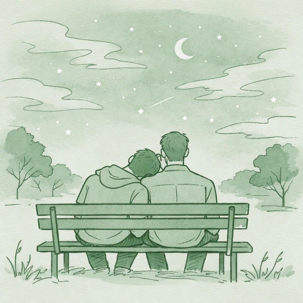 Two men share romantic moment on park bench gazing at dreamy starlit sky - MM romance illustration