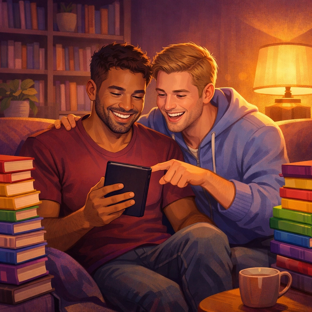 Two men reading MM romance books together on couch surrounded by colorful book collection