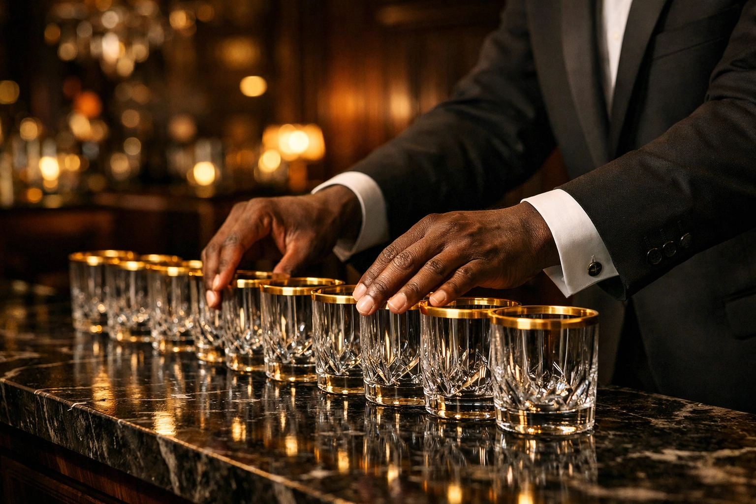 Professional staff preparing gold-rimmed crystal glasses for an upscale event in a luxury Chicago lounge.