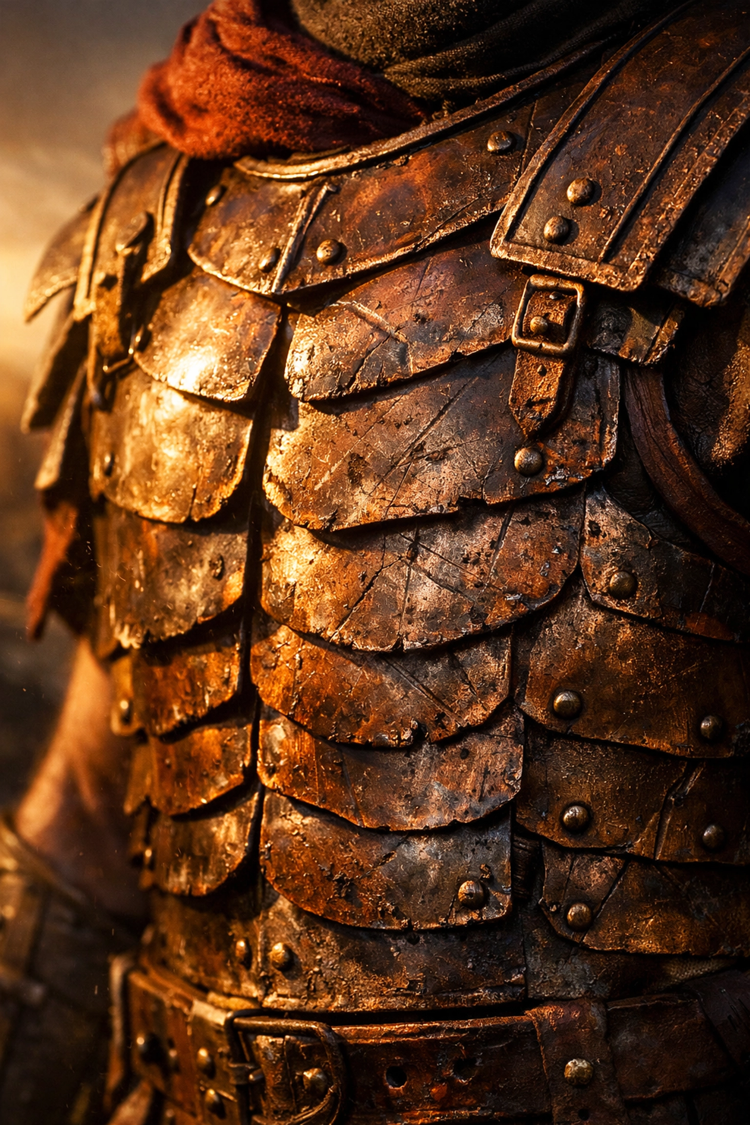 Battle-worn Roman breastplate of righteousness showing bronze scales and realistic armor damage