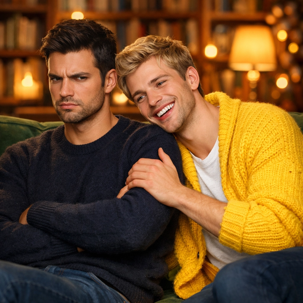 Two men depicting the grumpy x sunshine MM romance trope while sitting in a cozy library.