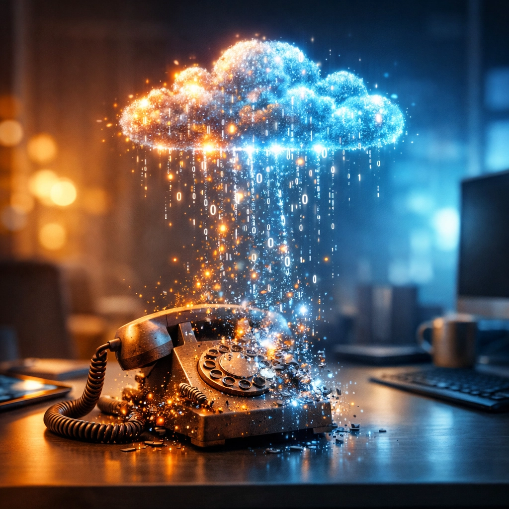 Legacy phone system hardware transitioning into modern cloud-based business communication.
