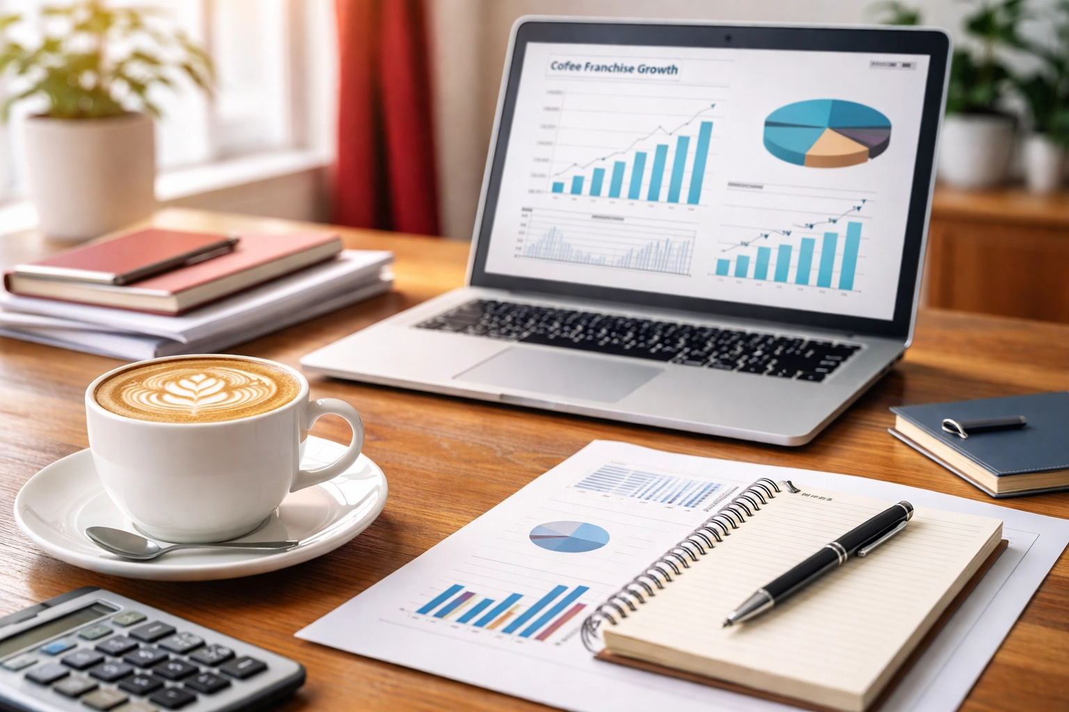 Financial planning for Ziggi's Coffee franchise with growth charts, specialty coffee, and documents on a professional desk.
