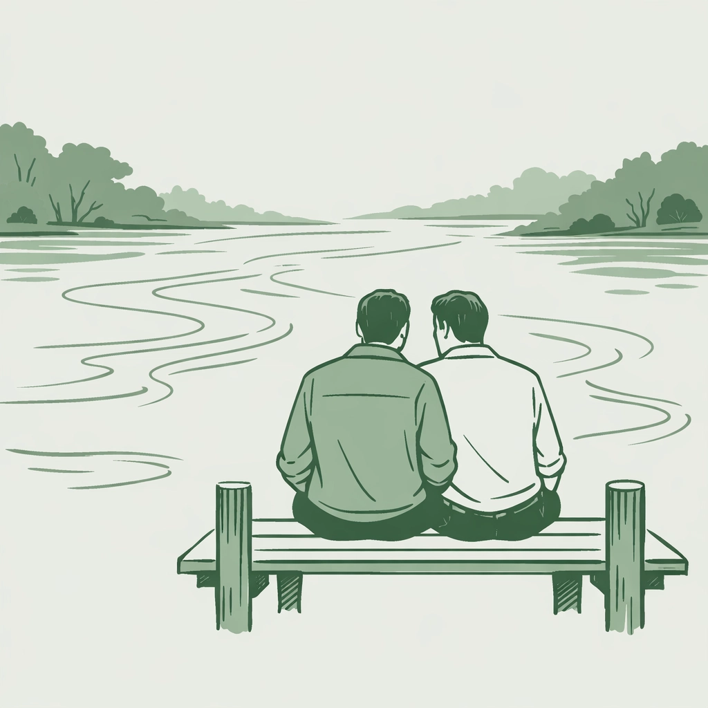 Two men sitting by a river, representing the fluidity of queer identity and growth in MM historical romance.