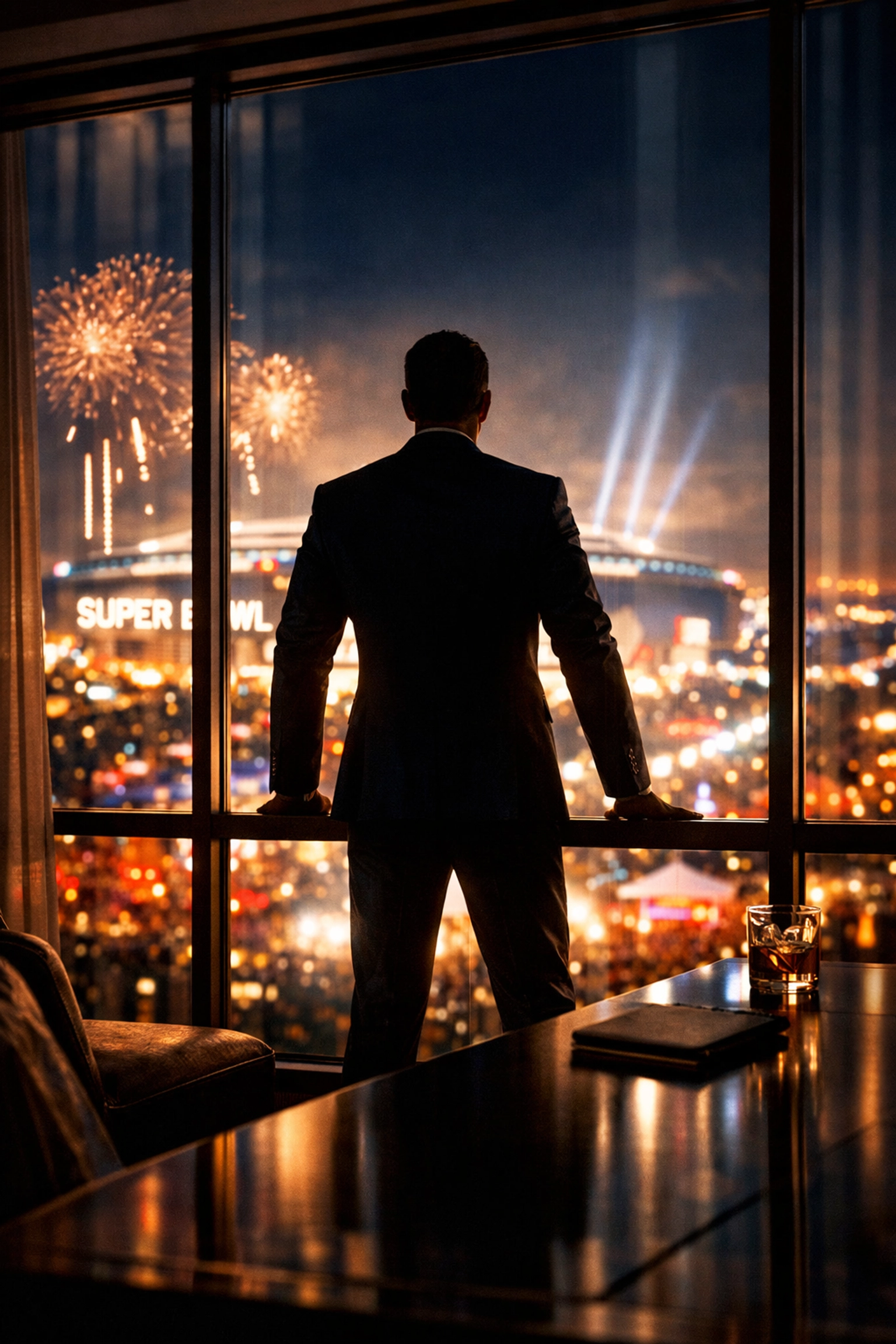 Executive overlooking the Super Bowl stadium from a luxury suite, representing corporate success.