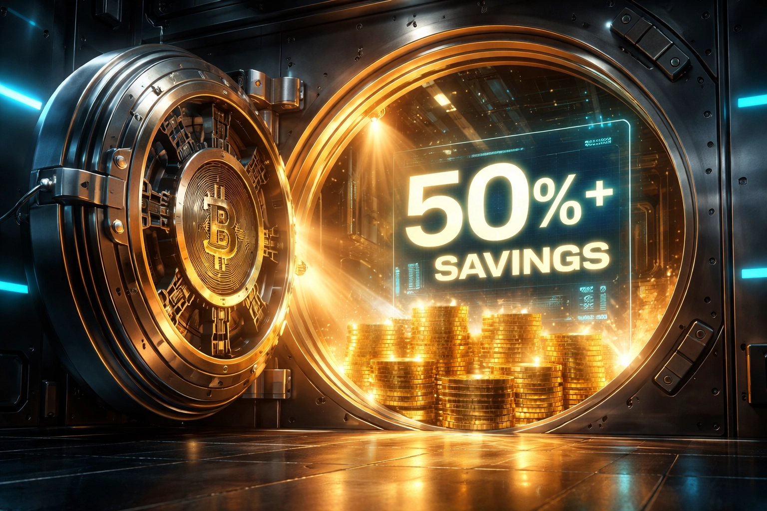 Futuristic vault opening to reveal cryptocurrency coins highlighting over 50% savings on merchant fees with Larecoin