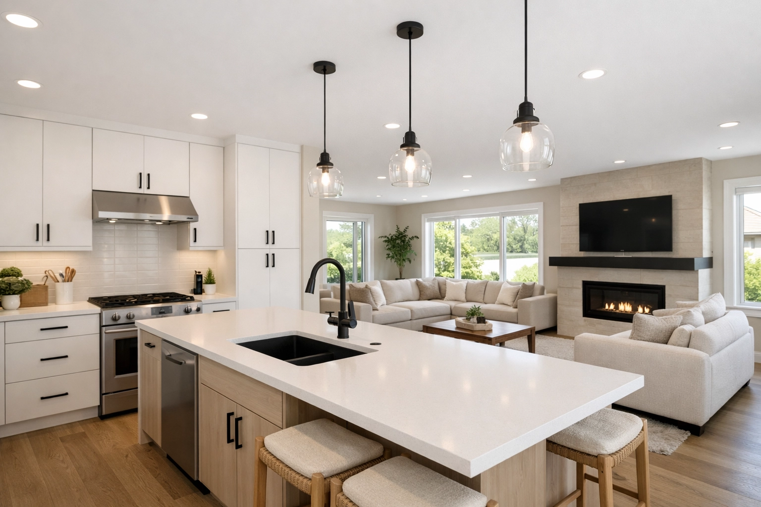 Modern open-concept kitchen with white refaced cabinets and a seamless transition to the living area.