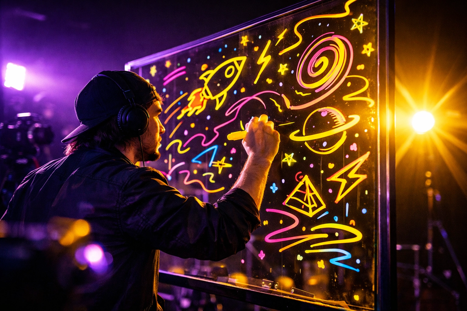 Guest drawing on transparent glass at Scribble Booth brand activation