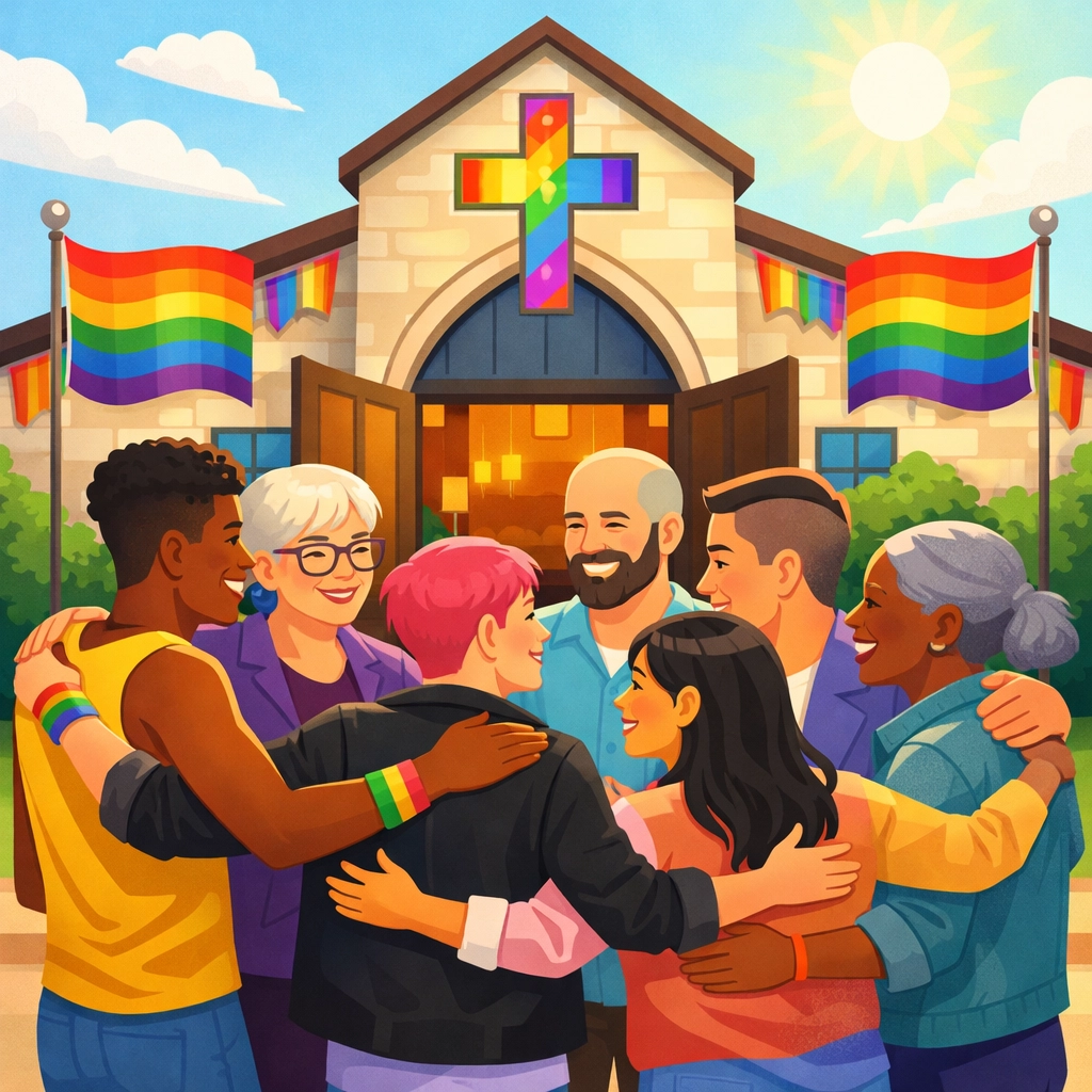 Diverse LGBTQ+ community gathering outside inclusive church with rainbow flags and open doors