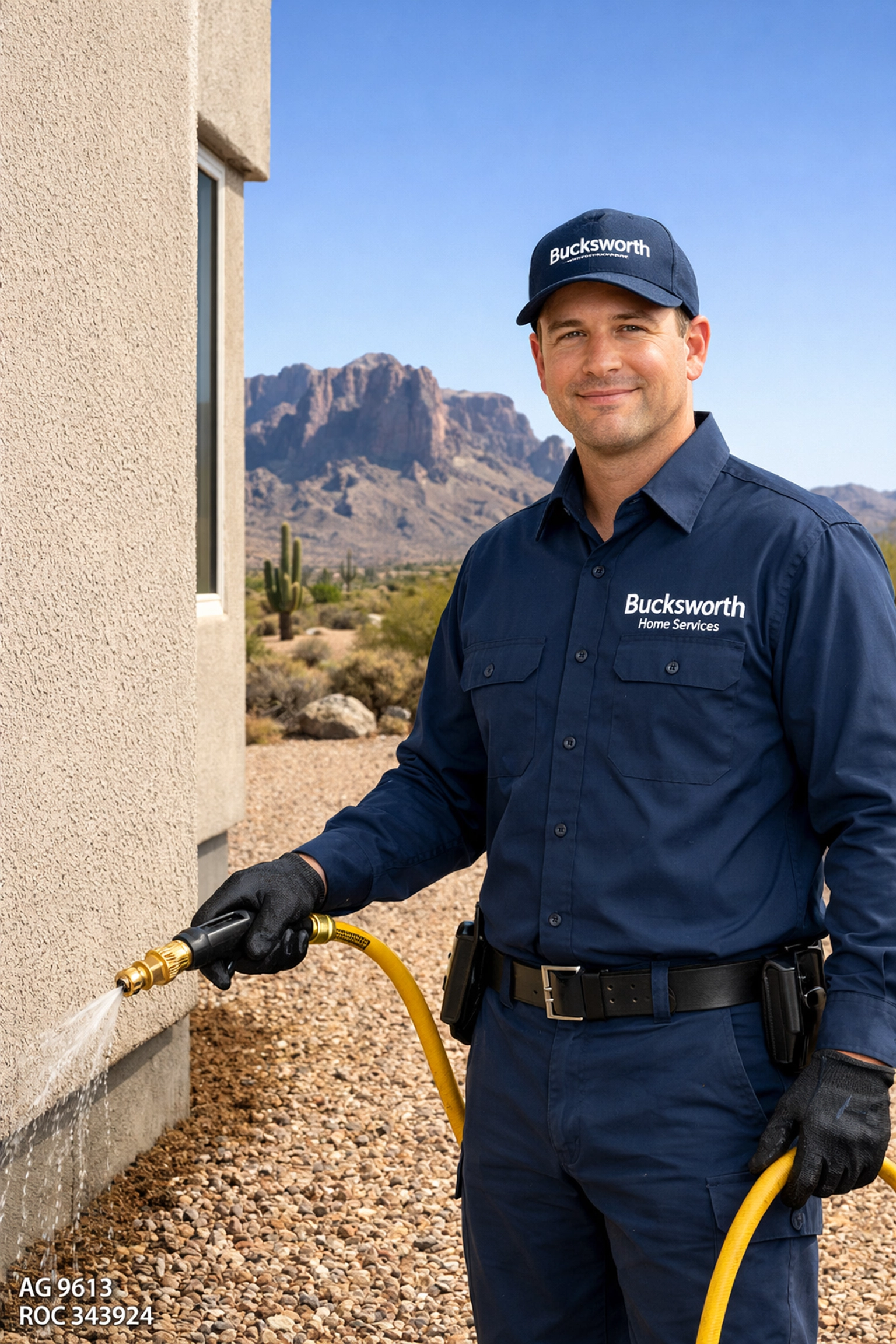 Bucksworth Home Services technician applying termite treatment to an Apache Junction home foundation.