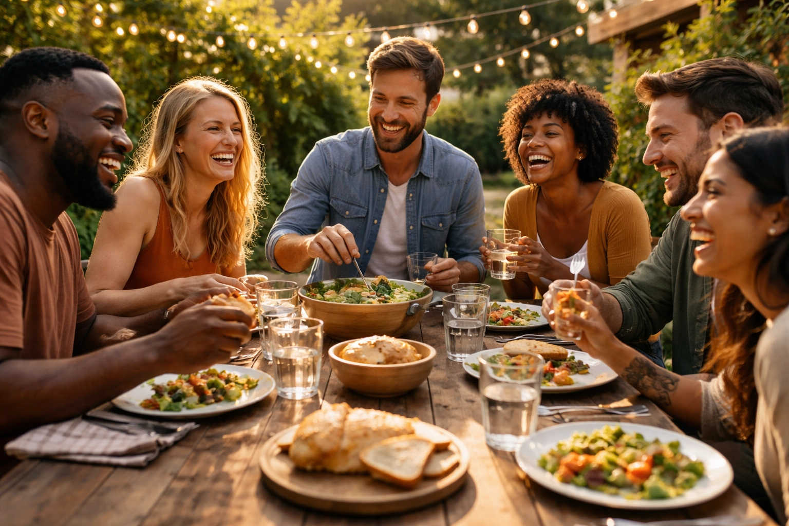 Friends share a joyful meal outdoors, symbolizing community, faith, and the fullness of God's promises against burnout.