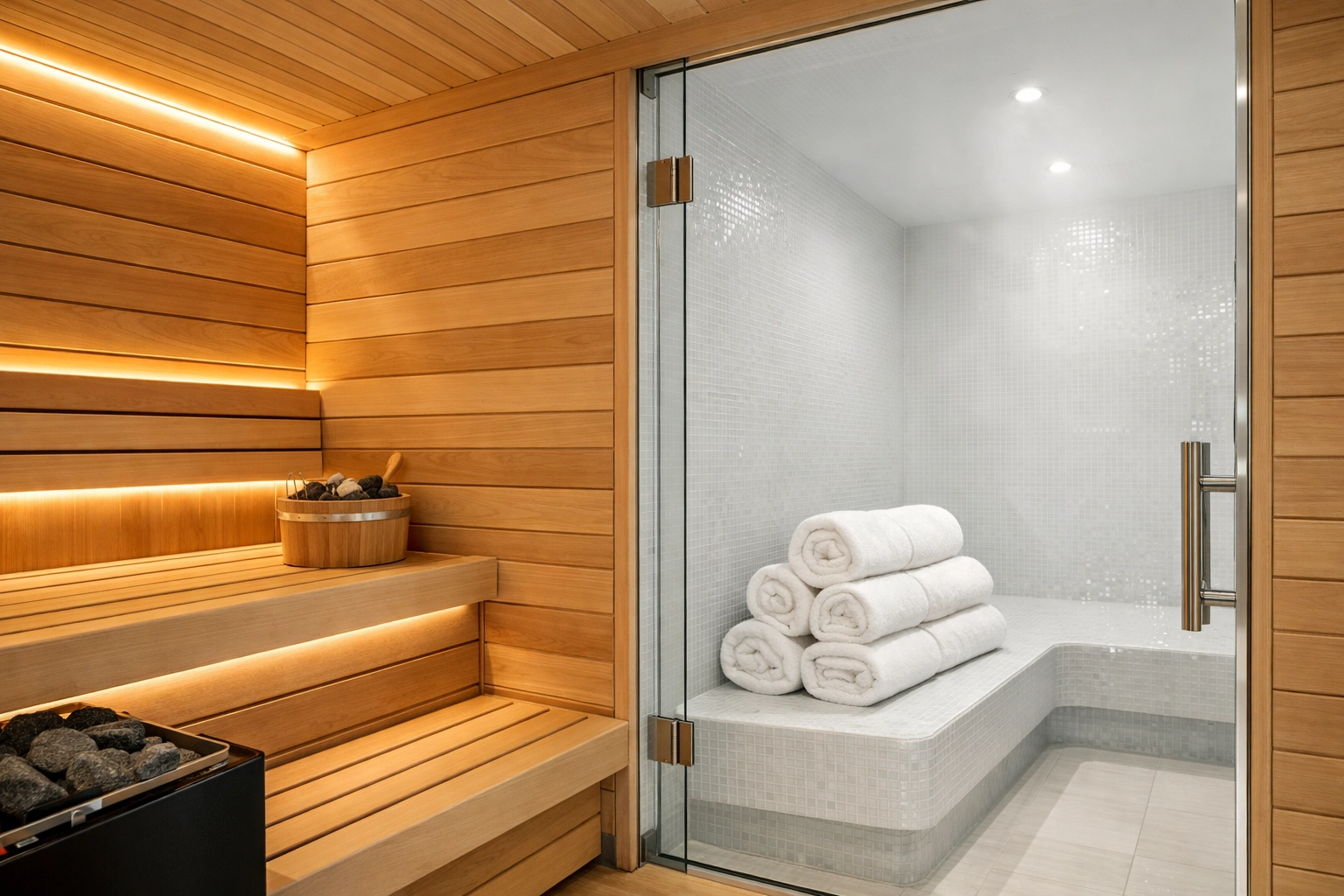 Professionally cleaned cedar wood sauna and steam room with crystal-clear streak-free glass doors.