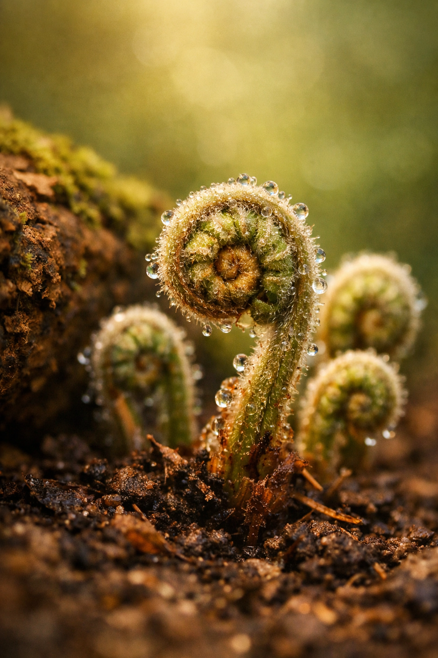 Tightly coiled green fiddlehead ferns emerging from damp PNW soil, perfect for spring foraging in Seattle.