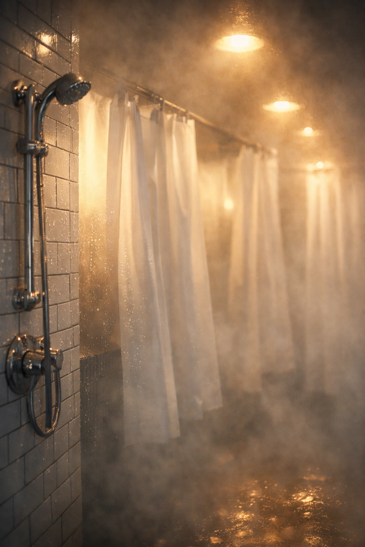Steamy gay gym locker room shower with privacy curtains where intimate conversations happen