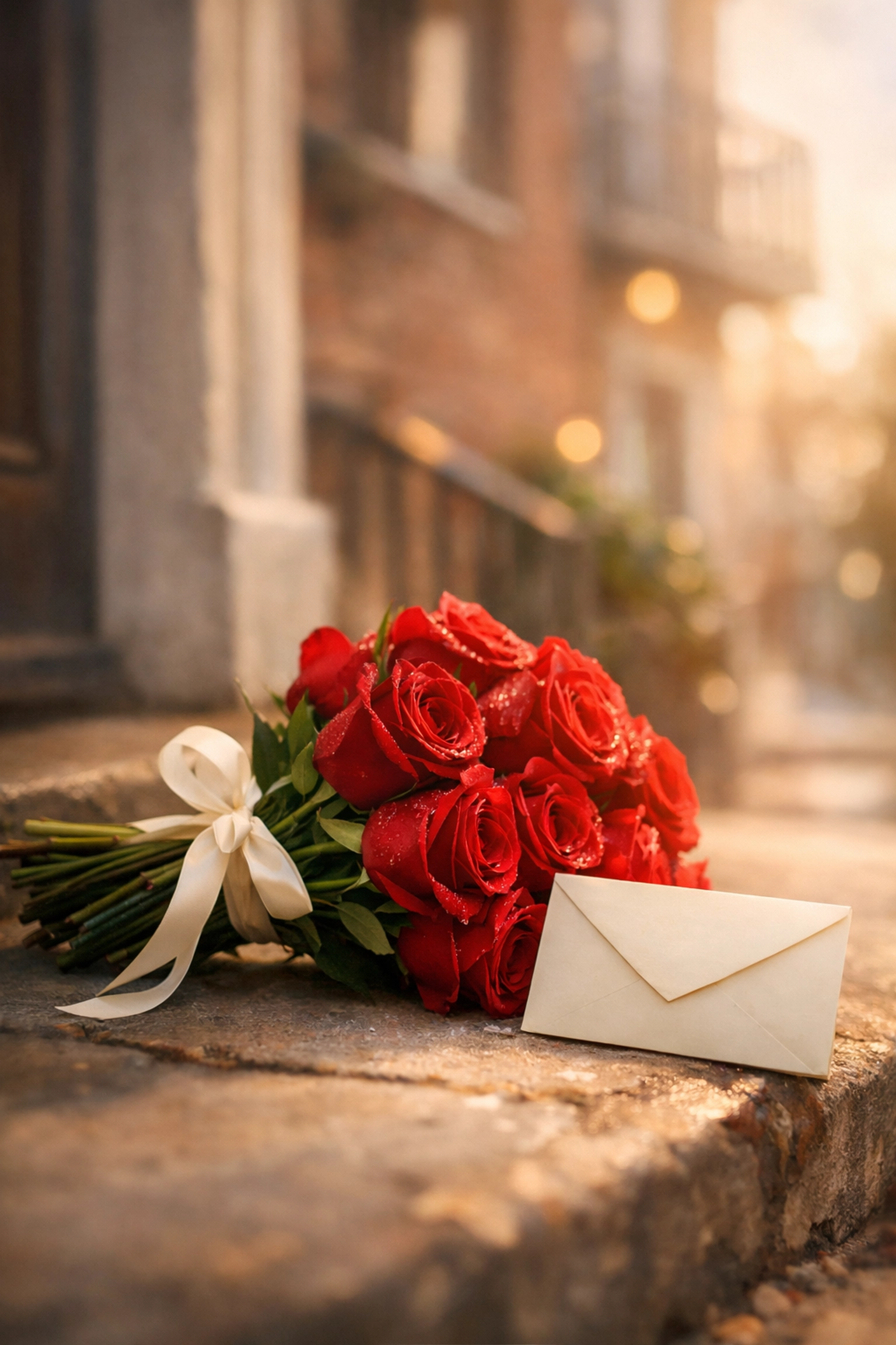Red roses and mystery envelope on doorstep - Valentine's Day surprise from secret admirer