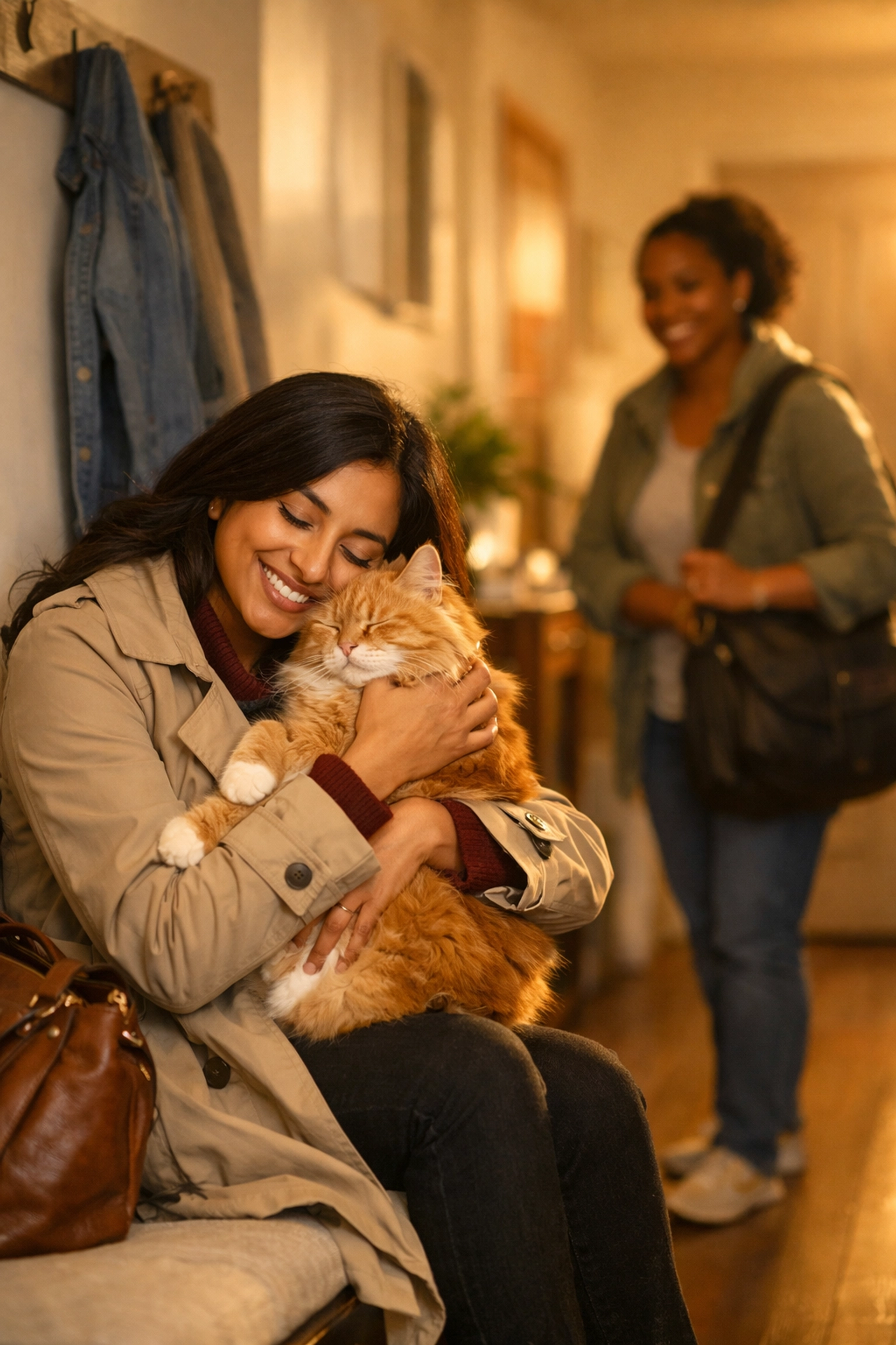 A happy Palo Alto cat owner reunites with her ginger cat after professional in-home care from a sitter.