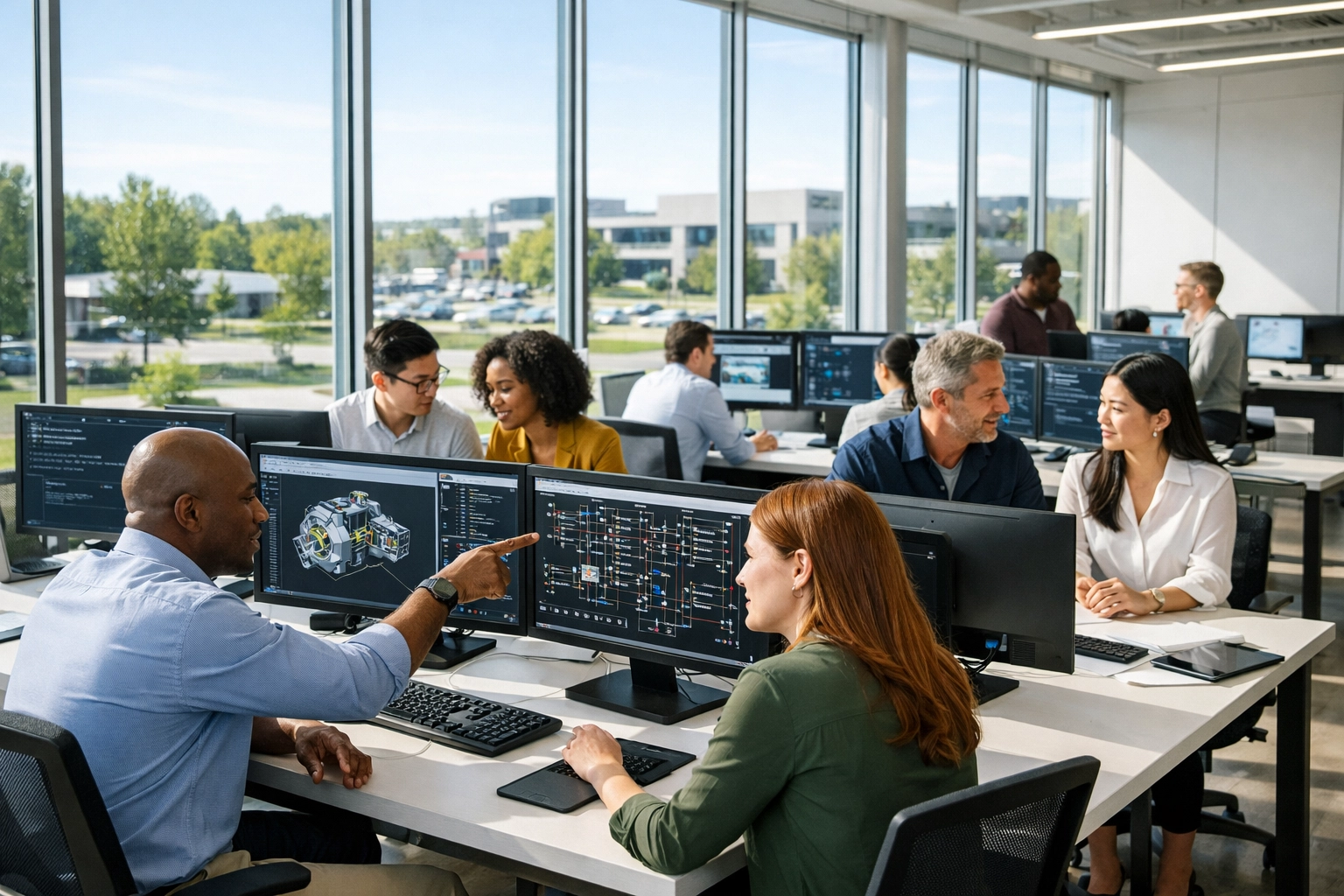 Professionals developing technical skills at a modern, decentralized workforce training center.