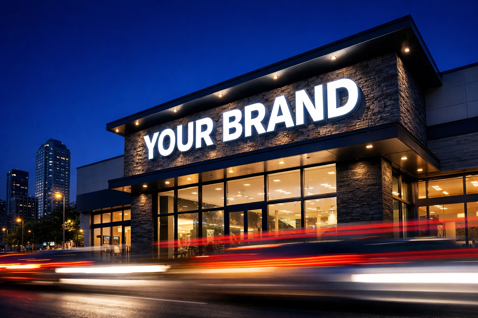 Vibrant custom LED storefront sign enhancing visibility for a Dallas business at night.