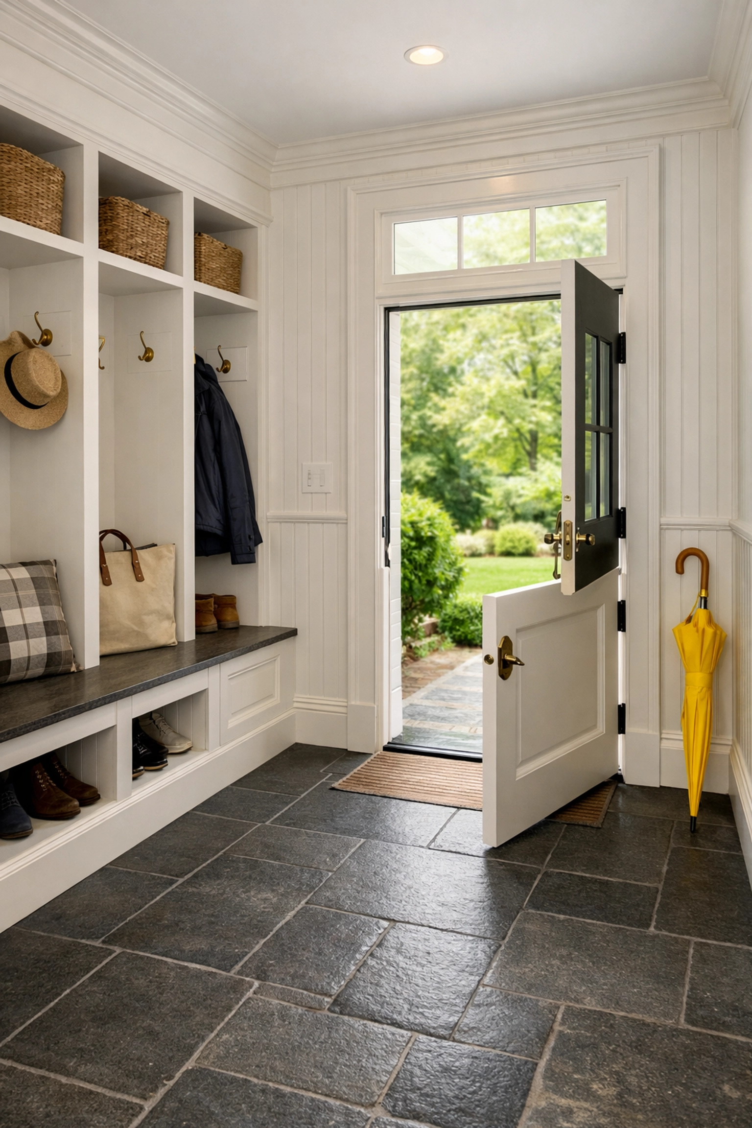 Spotless mudroom with scrubbed stone floors in a New England estate following a luxury cleaning.