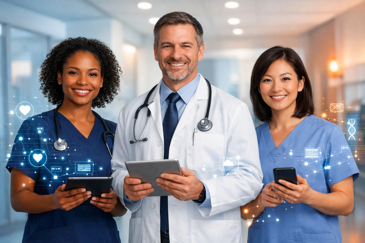 Healthcare professionals using technology-driven staffing platform with tablets and smartphones