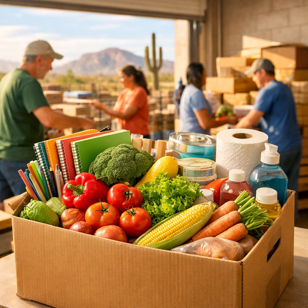 A donation box at Mirna's Place filled with food and school supplies for West Valley families in Arizona.