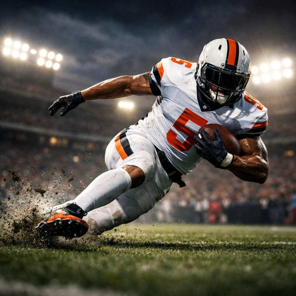 Football player executing an explosive change of direction cut using a deep pelvic coil to create separation.