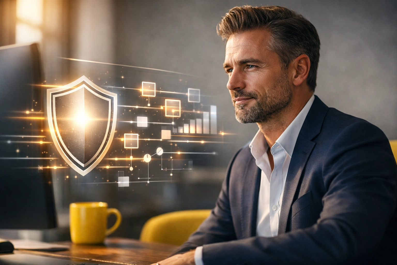 MSP professional managing compliance-as-a-service and data security protocols in a modern office.