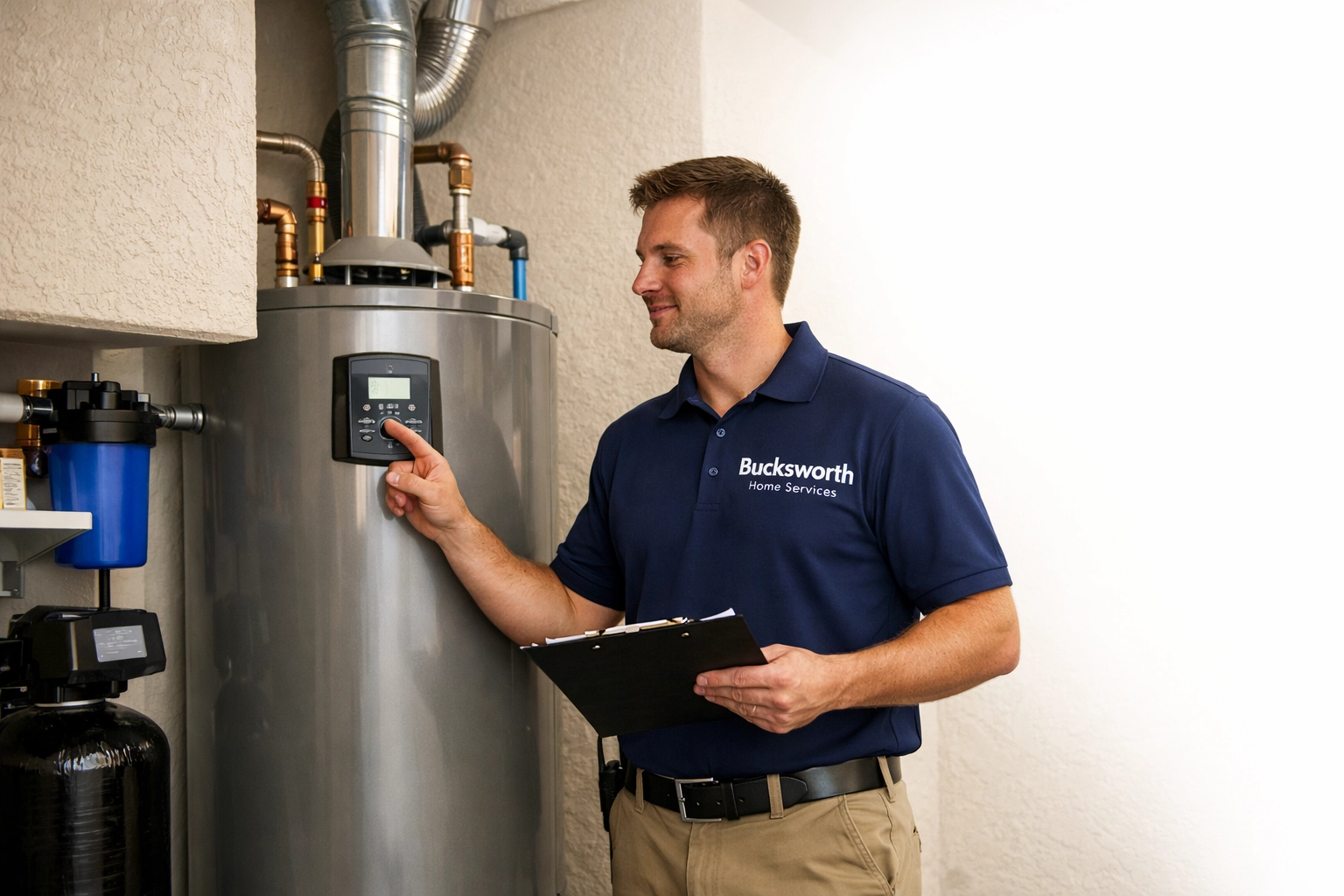Bucksworth Home Services technician inspecting a water heater installation during a Scottsdale plumbing call.