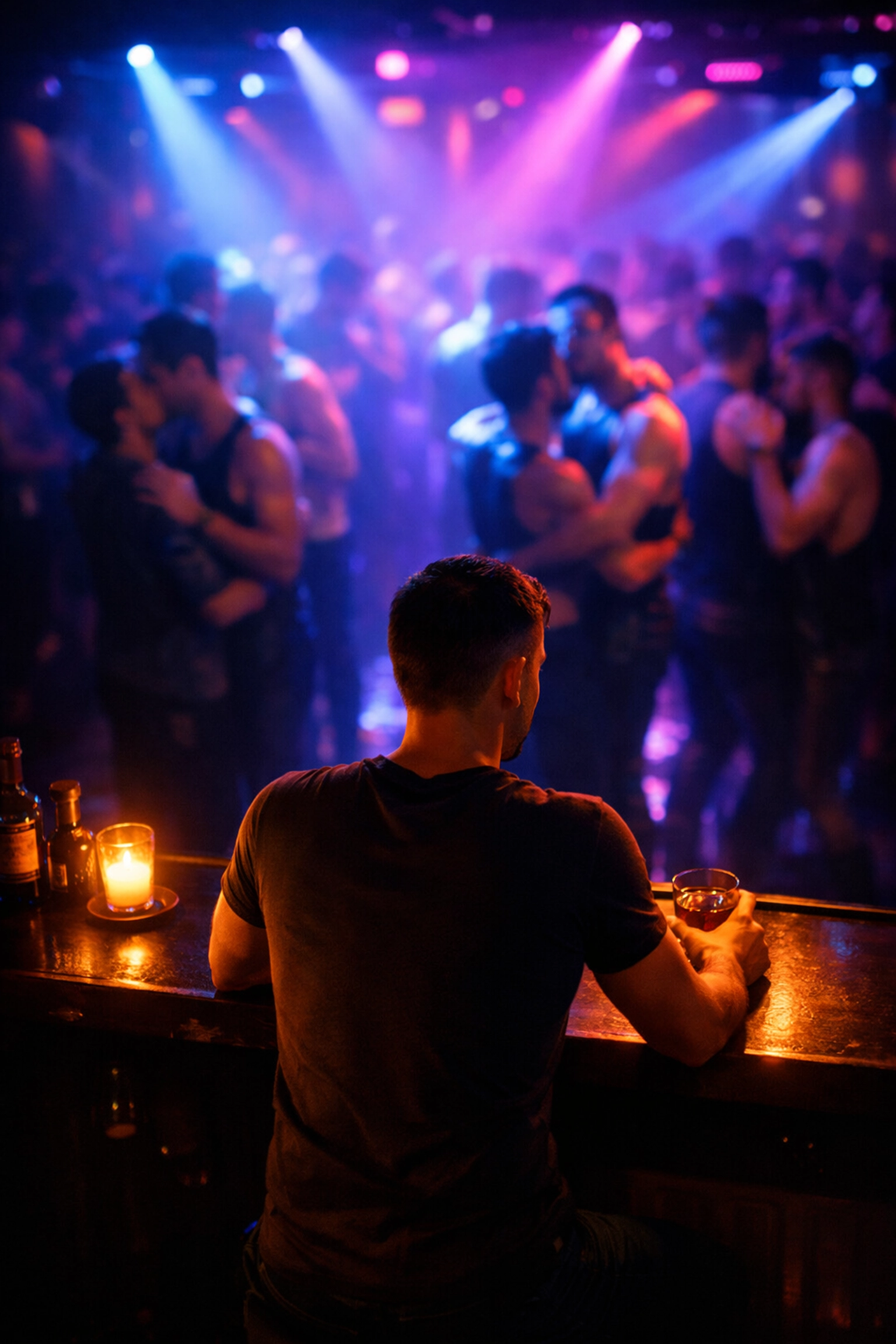 Gay man alone at nightclub bar - MM romance addiction and isolation theme