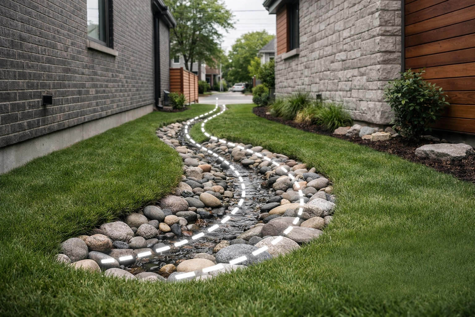 A professional side-yard swale with river stones designed for effective water drainage in Toronto.